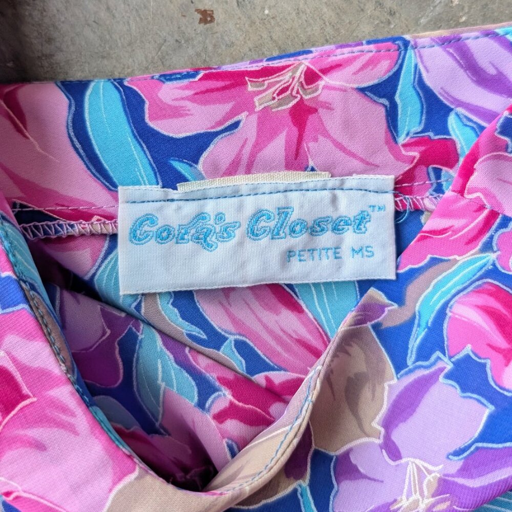 Vintage Cora's Closet Pink Blue Hawaiian Floral Belted Sleeveless Dress - Picture 7 of 8
